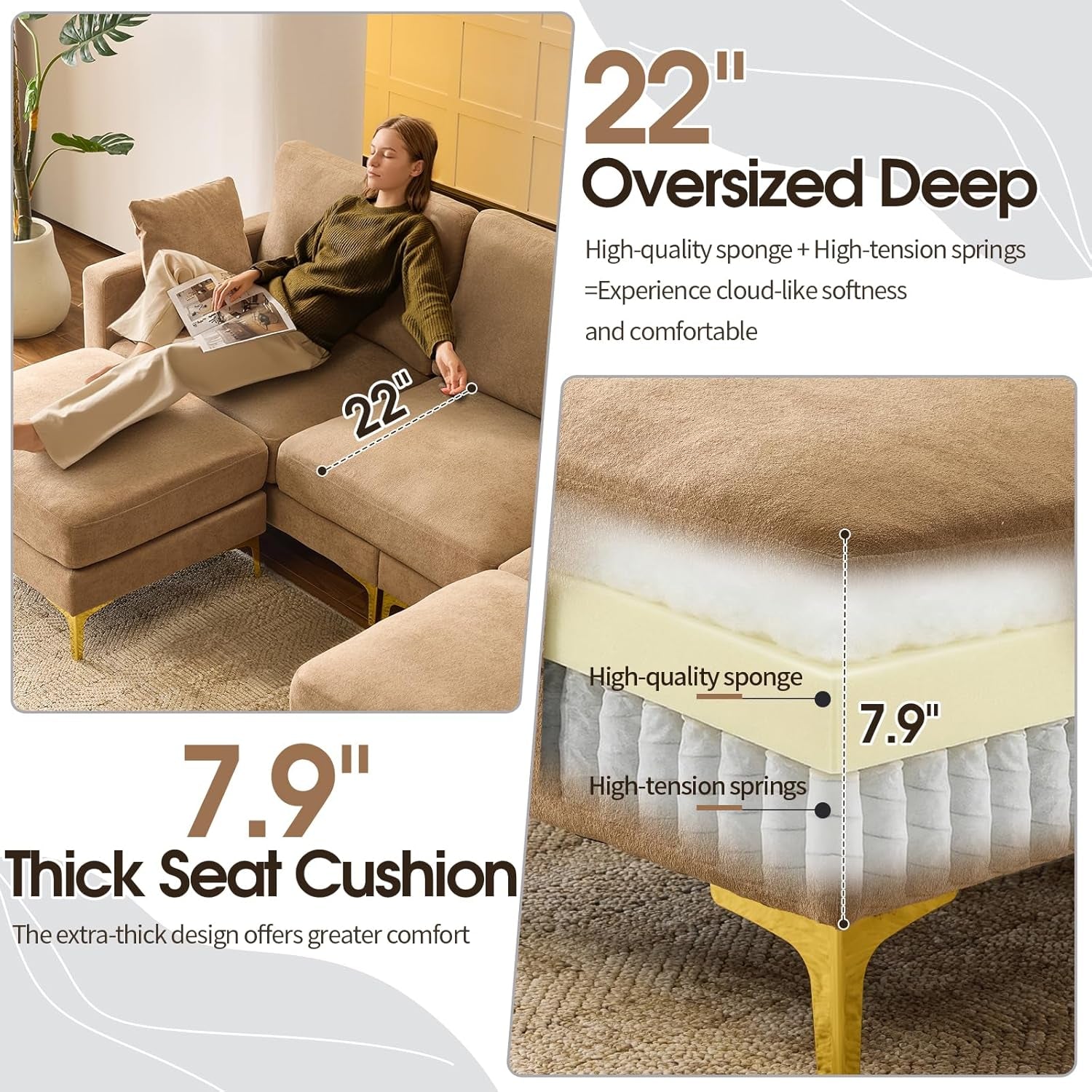 Khaki One Hundred Inch U Shaped Chenille Luxurious Couch