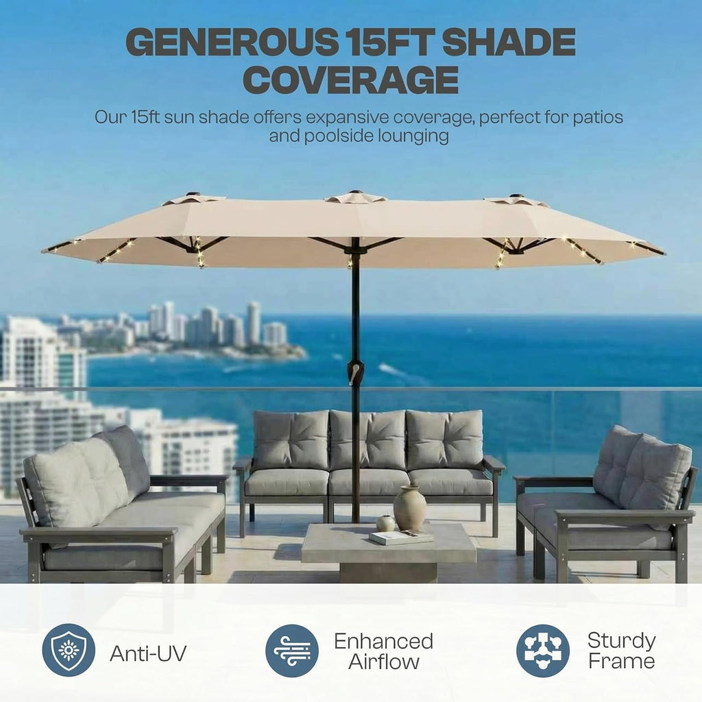 15 Foot Extra Large All Weather Patio Umbrella With Solar Lights
