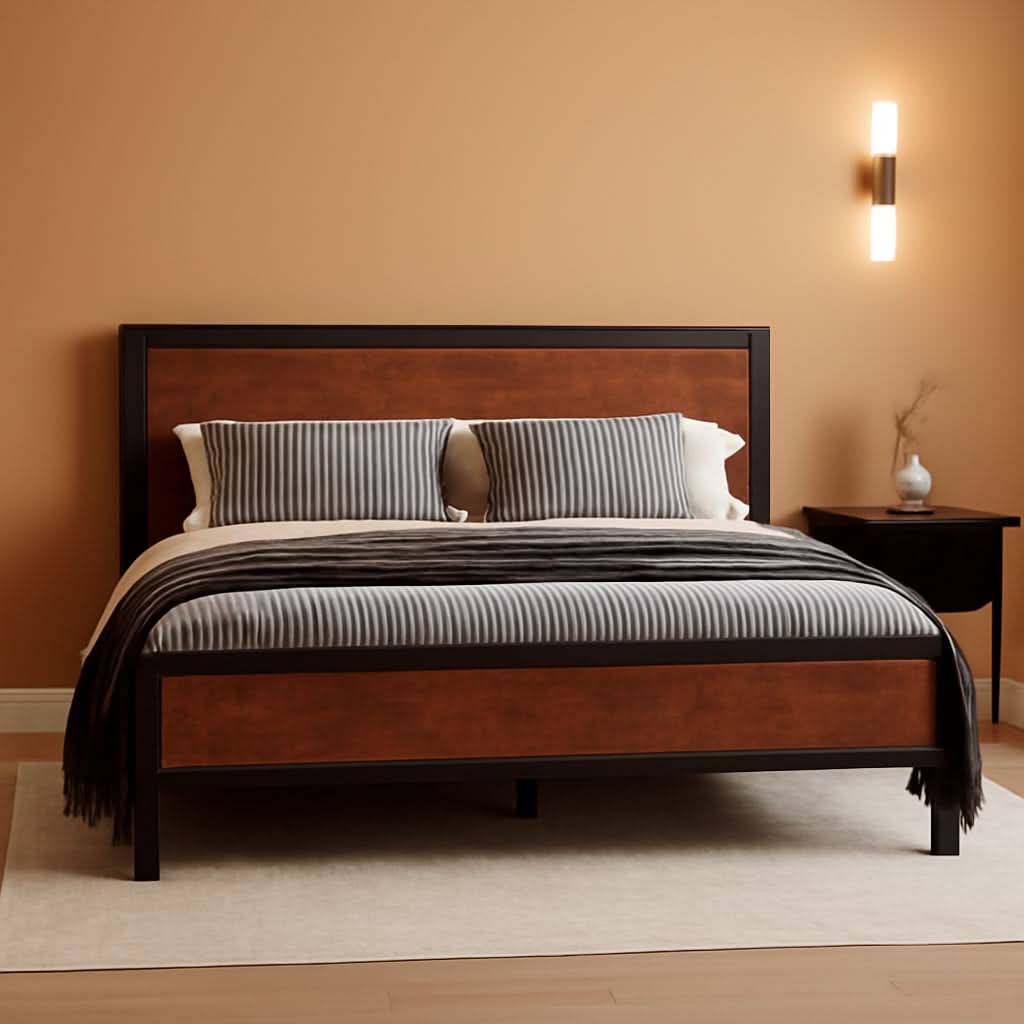 14 Inch King Size Metal Platform Bed Frame with Wooden Headboard and Footboard, Mattress Foundation, No Box Spring Needed, Large under Bed Storage, Mahogany