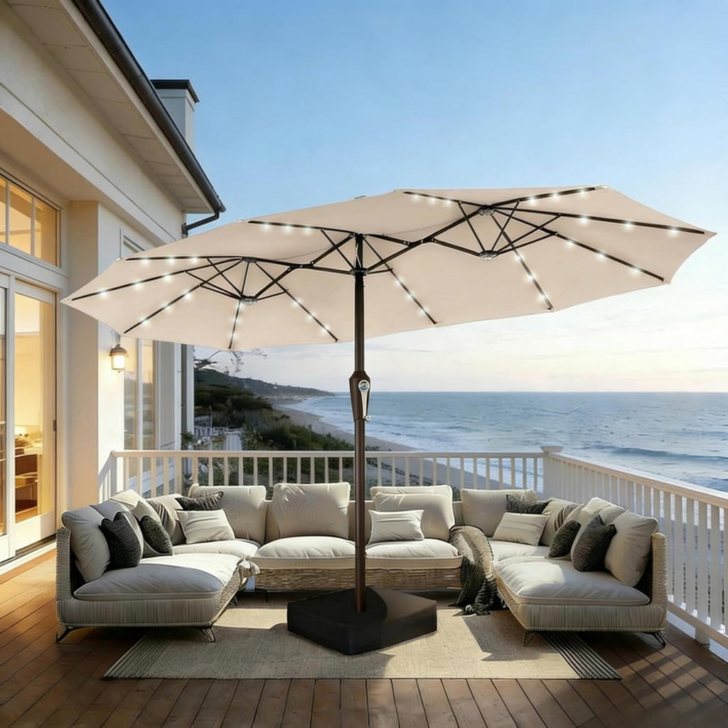15 Foot Extra Large All Weather Patio Umbrella With Solar Lights