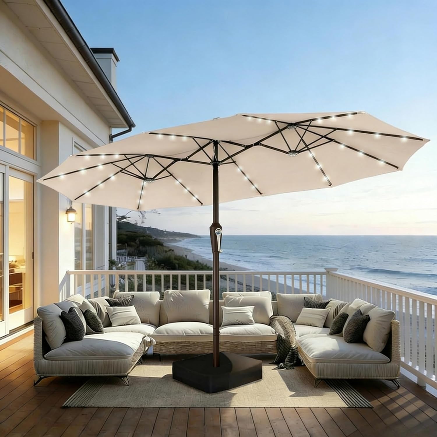 15 Foot Extra Large All Weather Patio Umbrella With Solar Lights