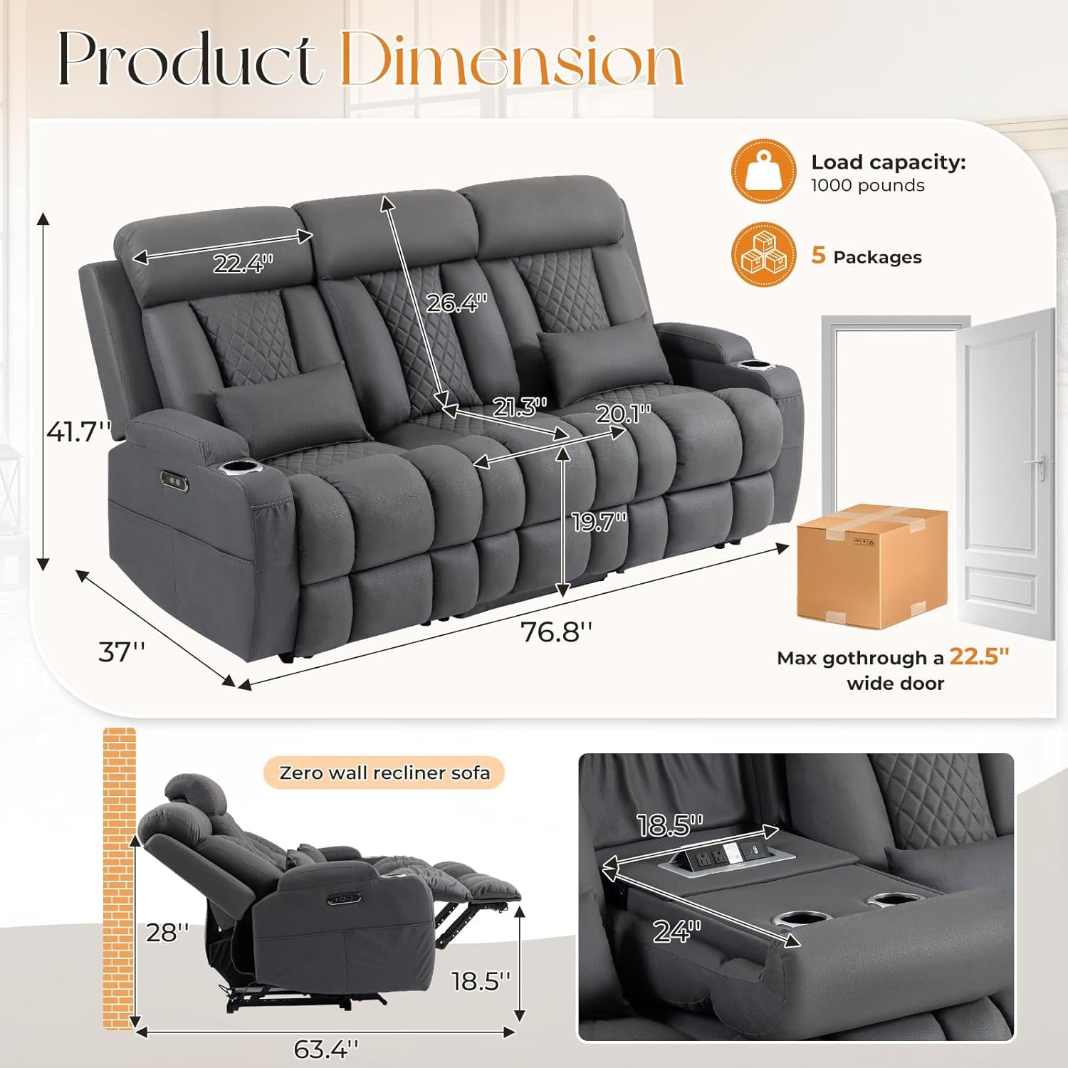 Dark Gray Adjustable Sophisticated Recliner Sofa Ports