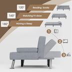 Futon Sofa Bed Light Grey Linen With Cup Holders Removable Armrests