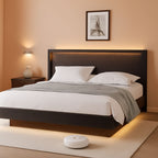 King Size Bed Frame with LED Lights & Charging Station – Wood Floating Bed Frame with Storage Headboard, Adhesive Slats, Kick-Free & Noise-Free Design, Easy Assembly, Black