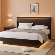King Size Bed Frame with LED Lights & Charging Station – Wood Floating Bed Frame with Storage Headboard, Adhesive Slats, Kick-Free & Noise-Free Design, Easy Assembly, Black