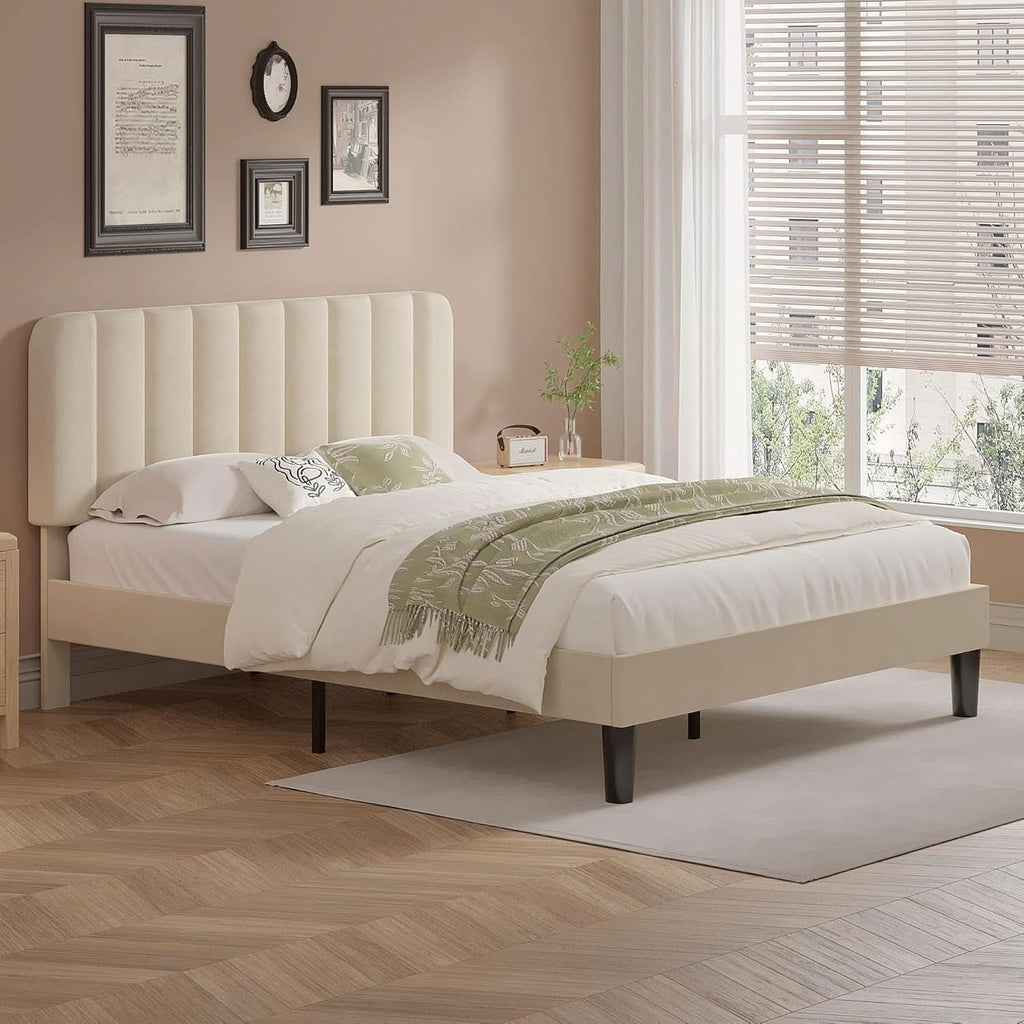 Full Size Bed Frame with Upholstered Headboard, Velvet Platform Bedframe Mattress Foundation, Strong Wood Slat Support, No Box Spring Needed,Bone Beige