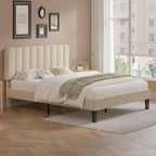 Full Size Bed Frame with Upholstered Headboard, Velvet Platform Bedframe Mattress Foundation, Strong Wood Slat Support, No Box Spring Needed,Bone Beige