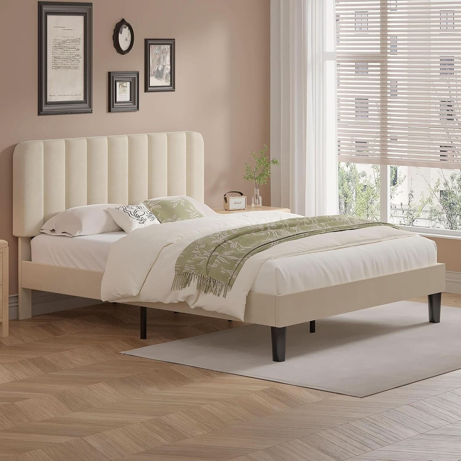 Full Size Bed Frame with Upholstered Headboard, Velvet Platform Bedframe Mattress Foundation, Strong Wood Slat Support, No Box Spring Needed,Bone Beige
