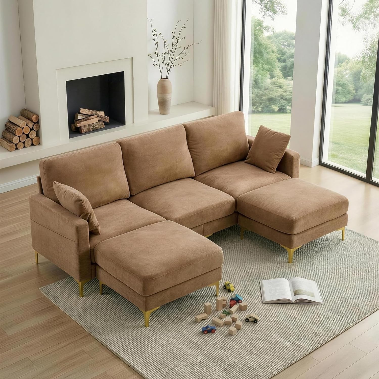 Khaki One Hundred Inch U Shaped Chenille Luxurious Couch