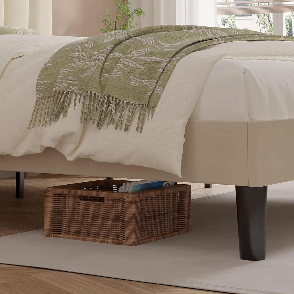 Full Size Bed Frame with Upholstered Headboard, Velvet Platform Bedframe Mattress Foundation, Strong Wood Slat Support, No Box Spring Needed,Bone Beige