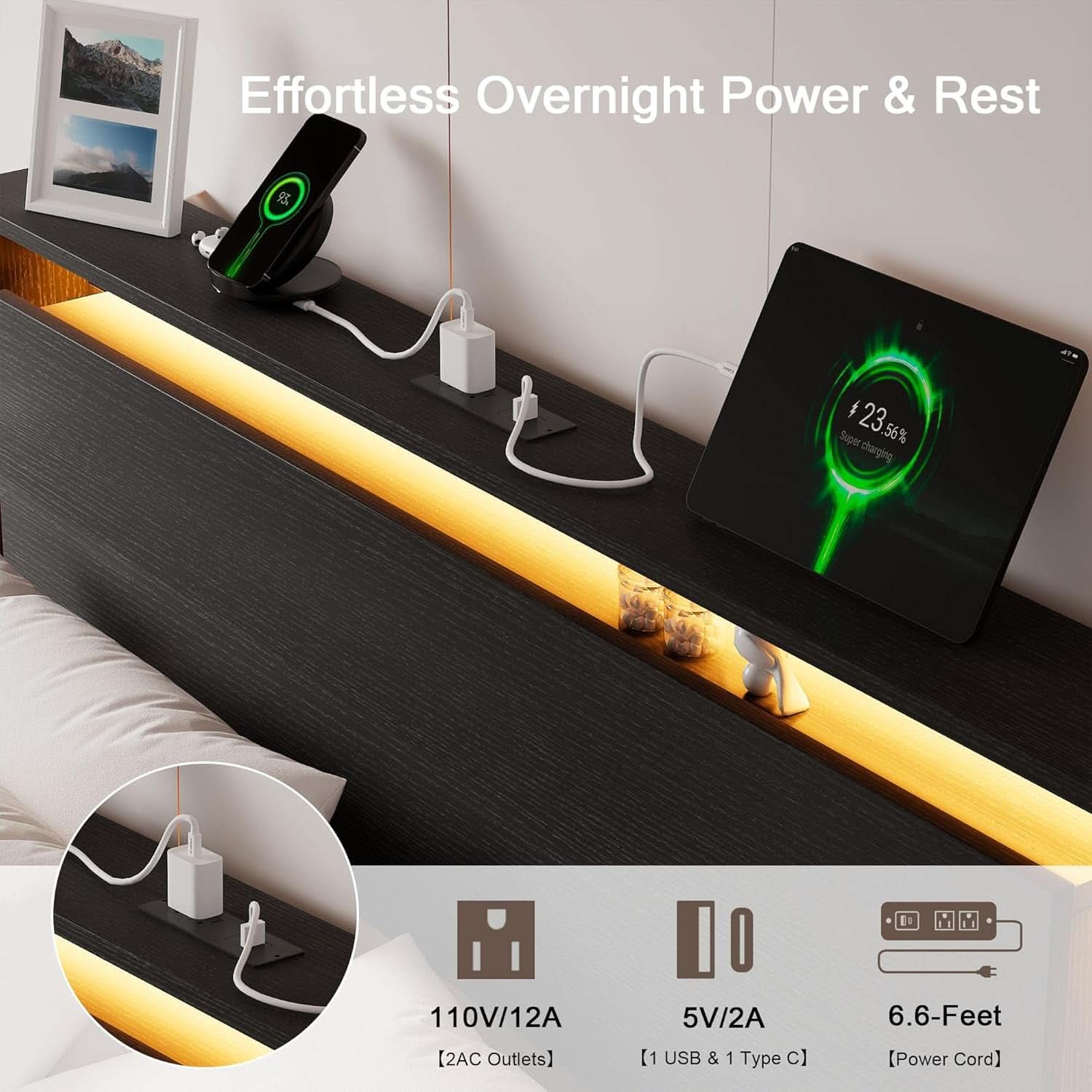 King Size Bed Frame with LED Lights & Charging Station – Wood Floating Bed Frame with Storage Headboard, Adhesive Slats, Kick-Free & Noise-Free Design, Easy Assembly, Black