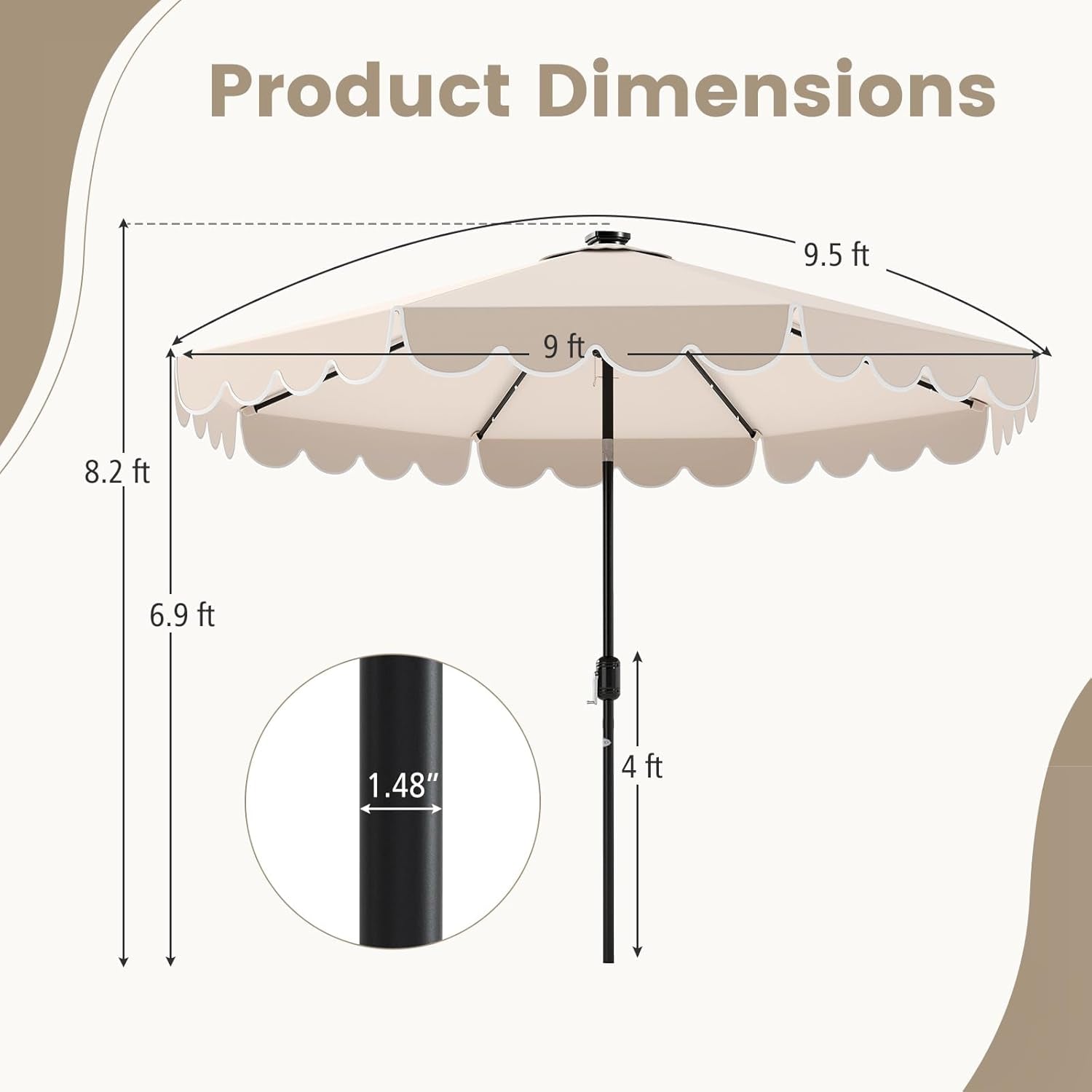 Nine Foot Solar Powered Patio Umbrella With Bright LEDs