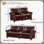 Two Piece Upholstered PU Leather Sofa Set With Hidden Storage Red Brown Mid Century Modern Living Room Furniture