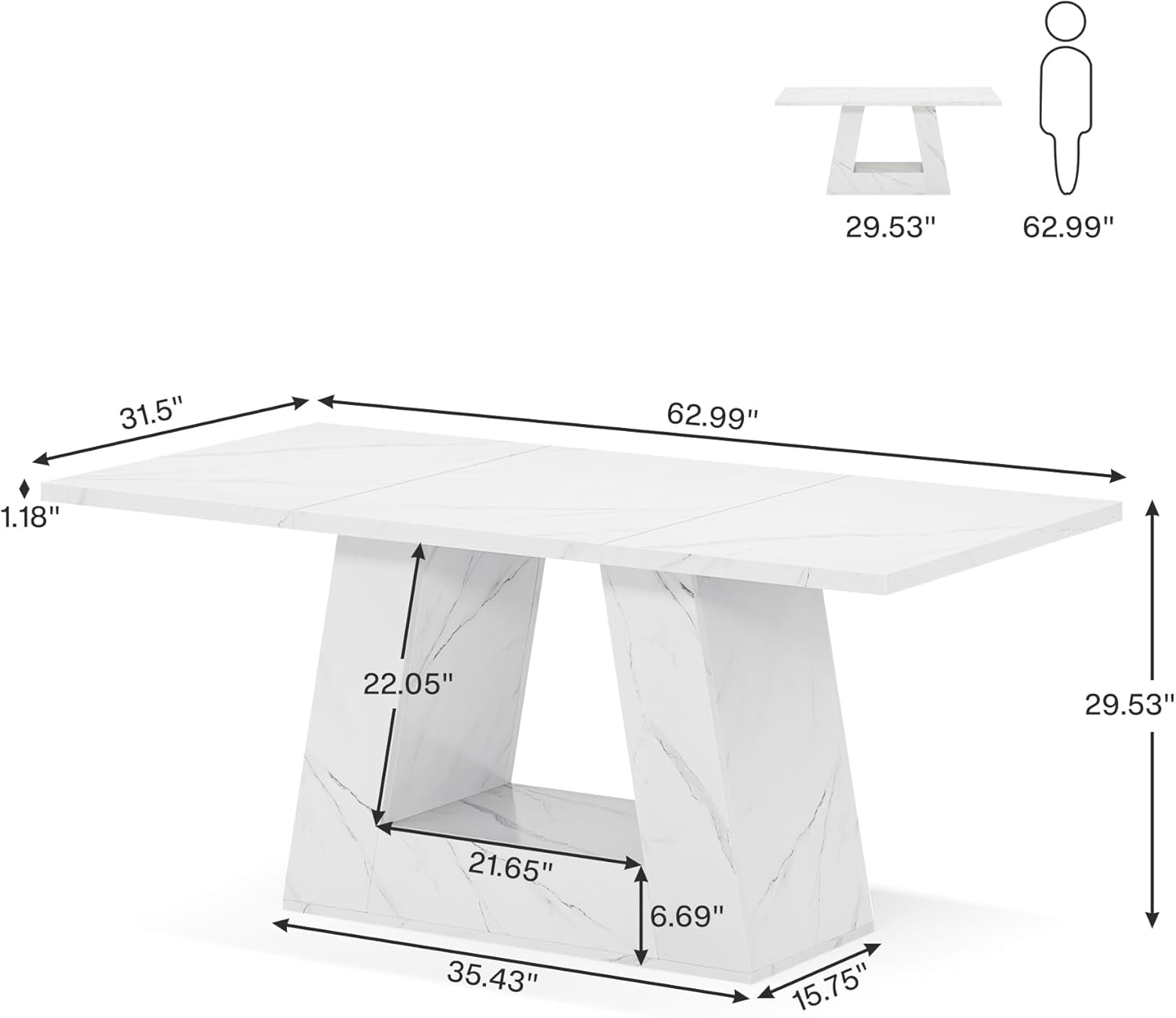 63 Inches Faux Marble Contemporary Rectangular Table