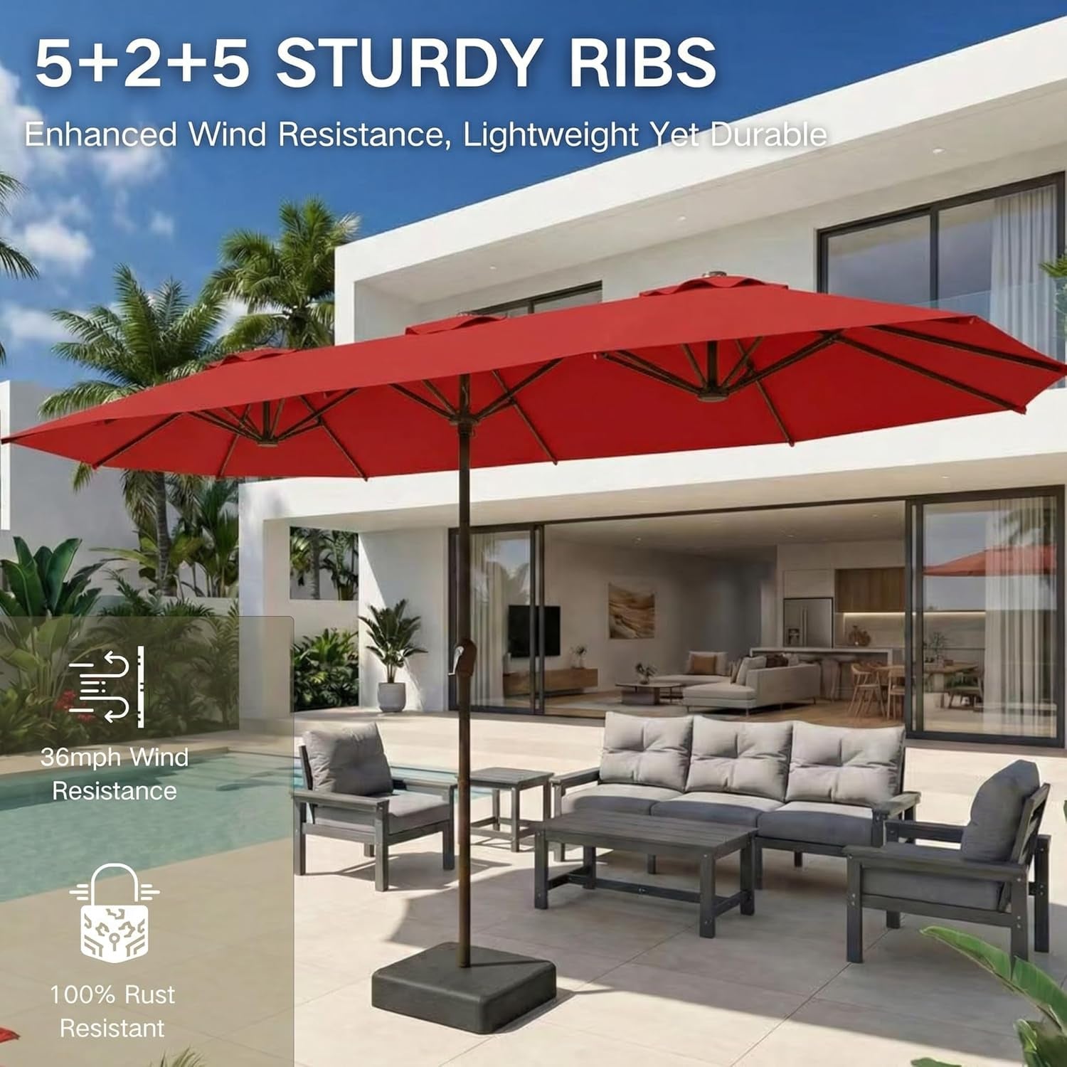 13Ft Patio Umbrella Red Weatherproof Reinforced Rib