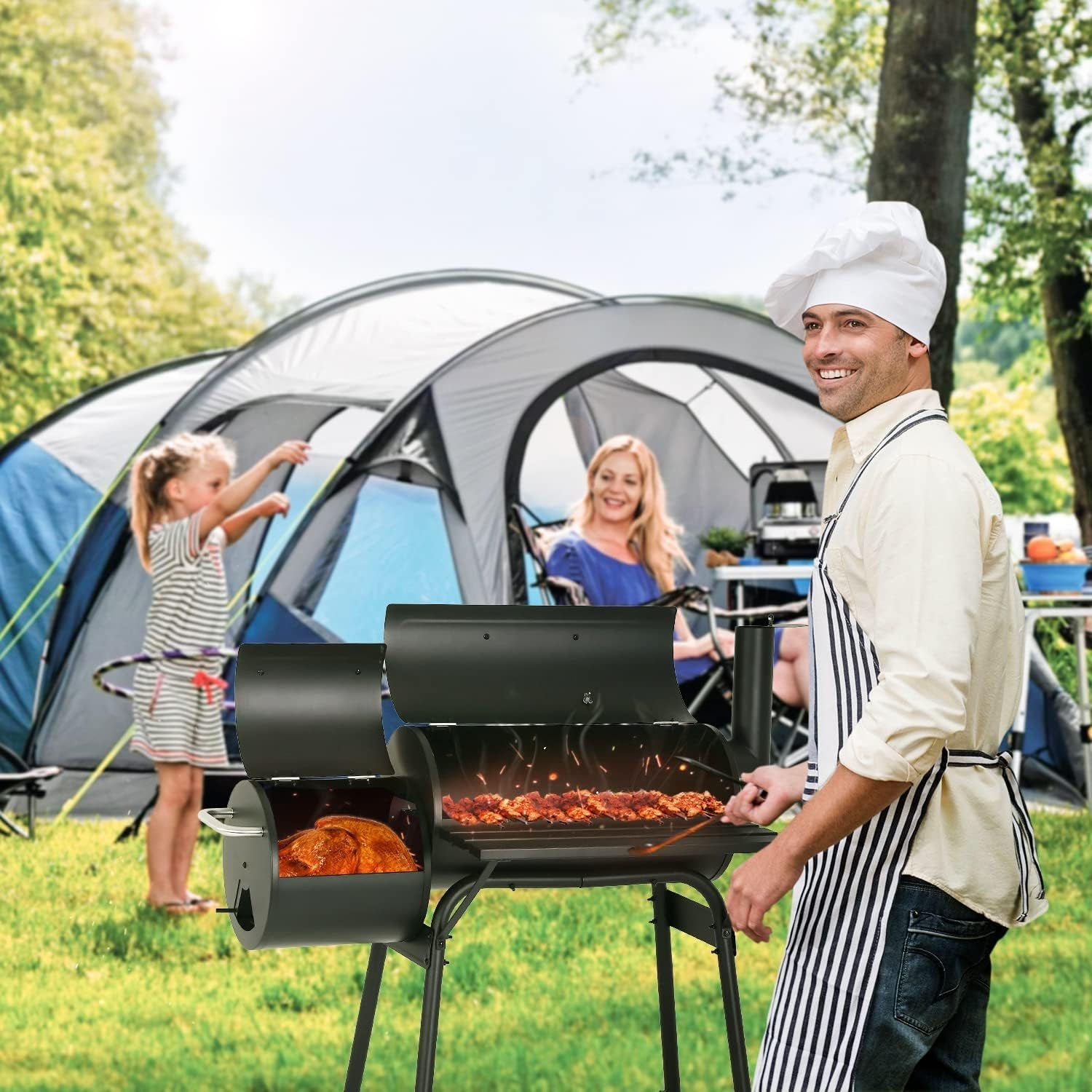 Charcoal Offset Smoker Grill With Stainless Steel Wheels