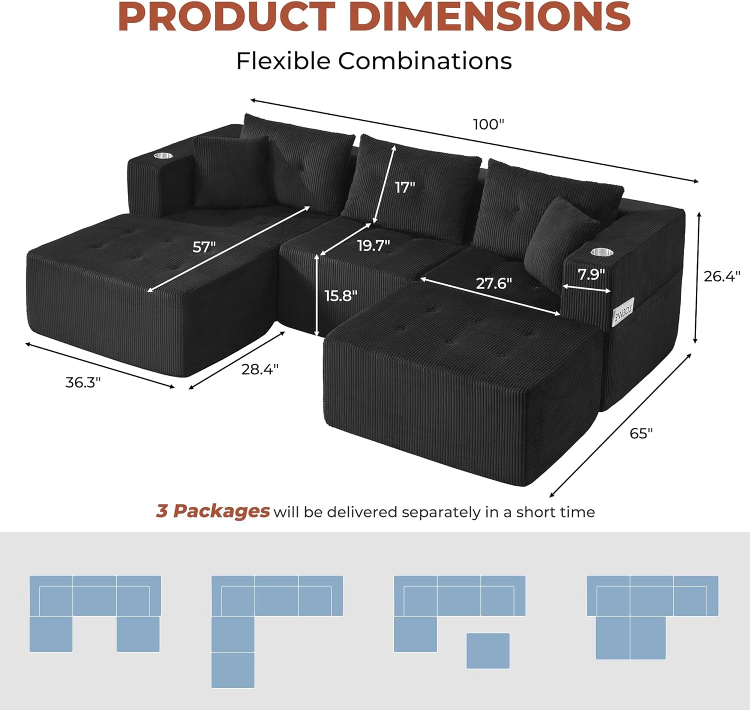 100 Inch U Shaped Oversized Modular Sofa Luxurious Corduroy