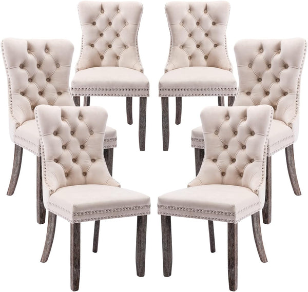 Velvet Dining Chairs Set of 6, Tufted Dining Room Chairs with Button Back, Nailhead Trim, Upholstered Dining Chairs for Kitchen, Bedroom, Restaurant (Beige)
