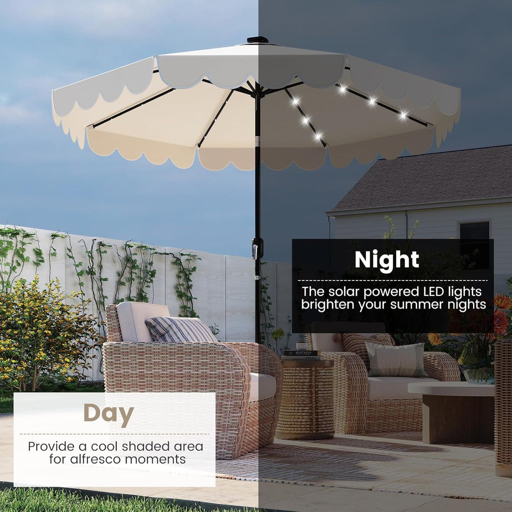 Nine Foot Solar Powered Patio Umbrella With Bright LEDs