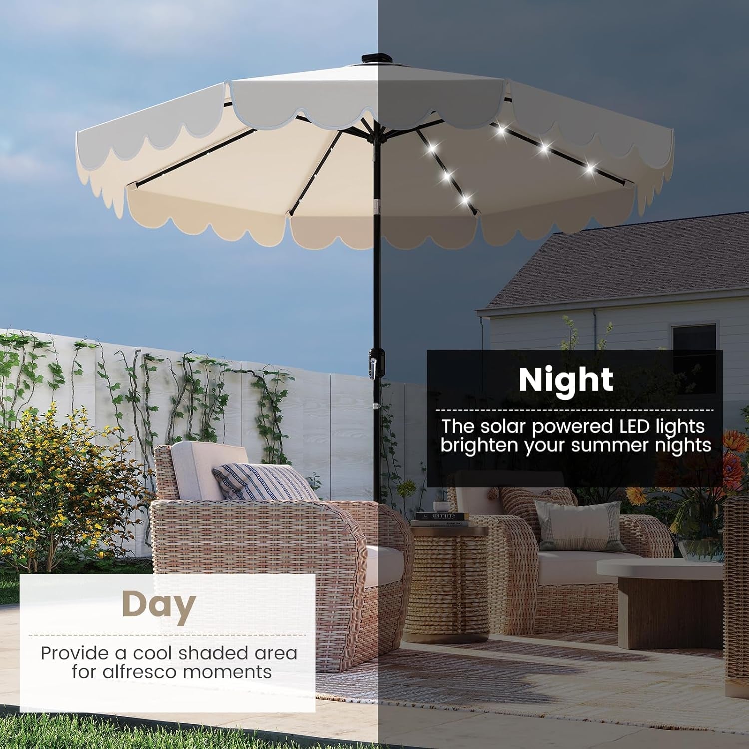 Nine Foot Solar Powered Patio Umbrella With Bright LEDs