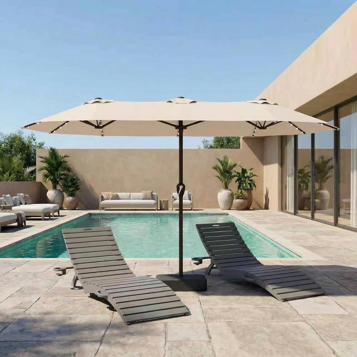 15 Foot Extra Large All Weather Patio Umbrella With Solar Lights