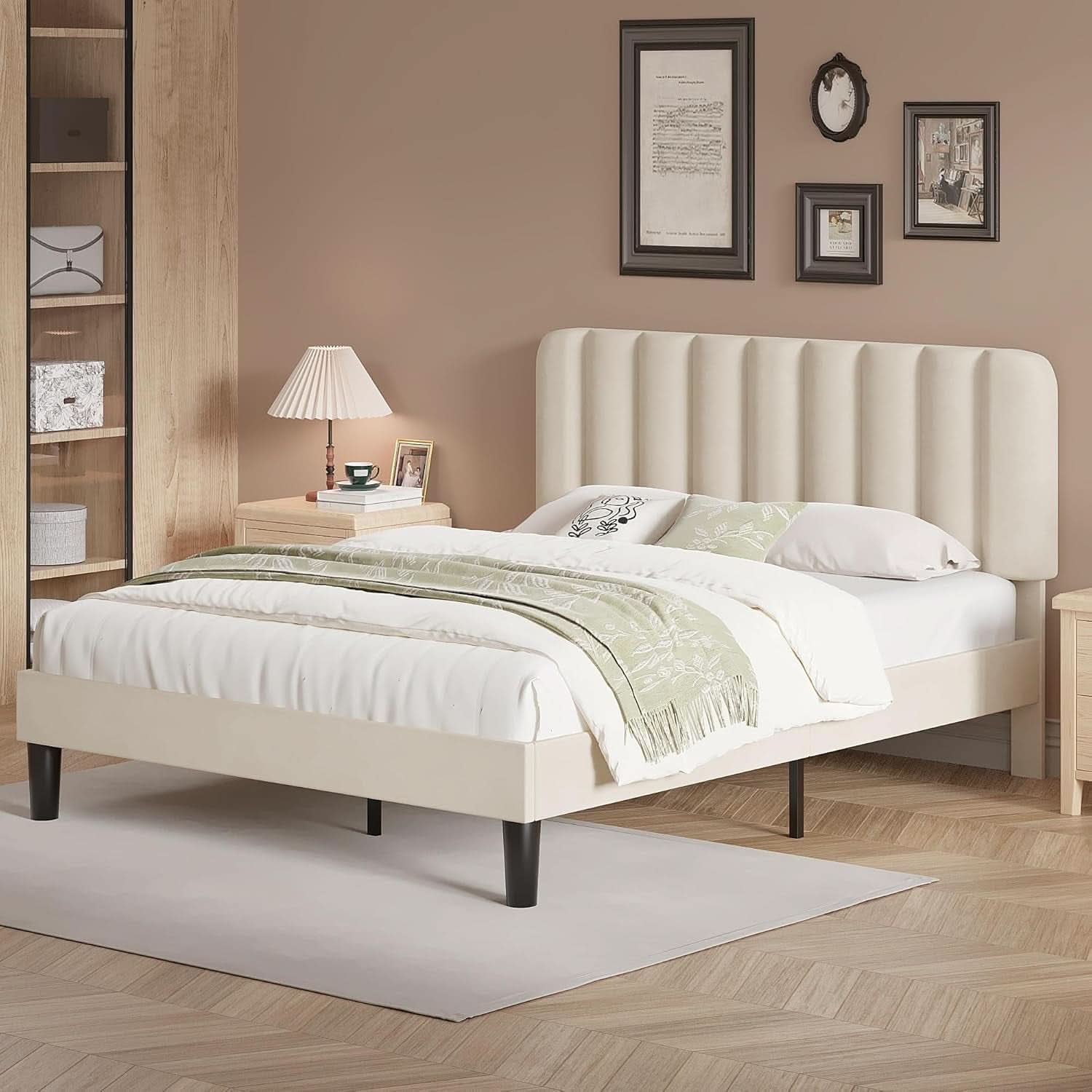 Full Size Bed Frame with Upholstered Headboard, Velvet Platform Bedframe Mattress Foundation, Strong Wood Slat Support, No Box Spring Needed,Bone Beige