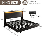 King Size Bed Frame with LED Lights & Charging Station – Wood Floating Bed Frame with Storage Headboard, Adhesive Slats, Kick-Free & Noise-Free Design, Easy Assembly, Black