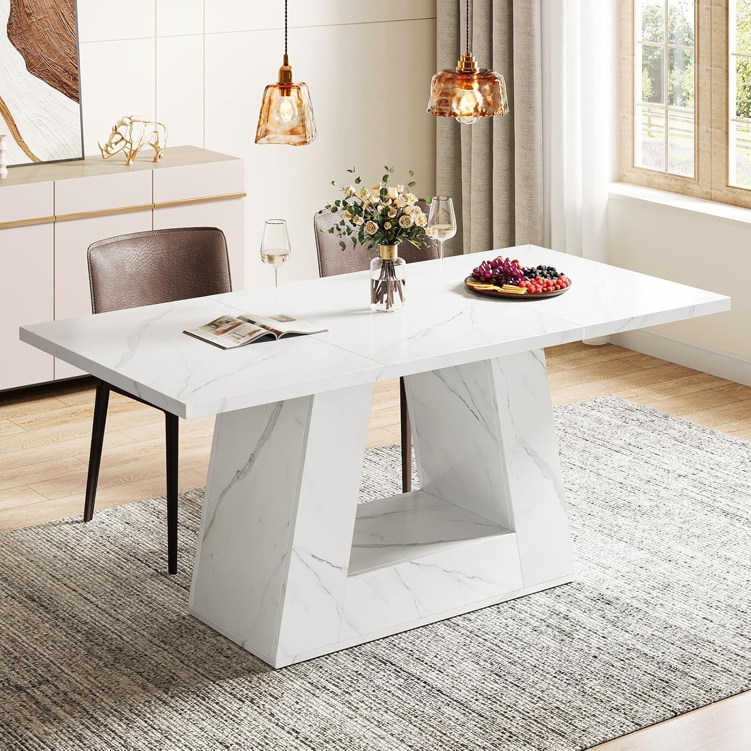 63 Inches Faux Marble Contemporary Rectangular Table