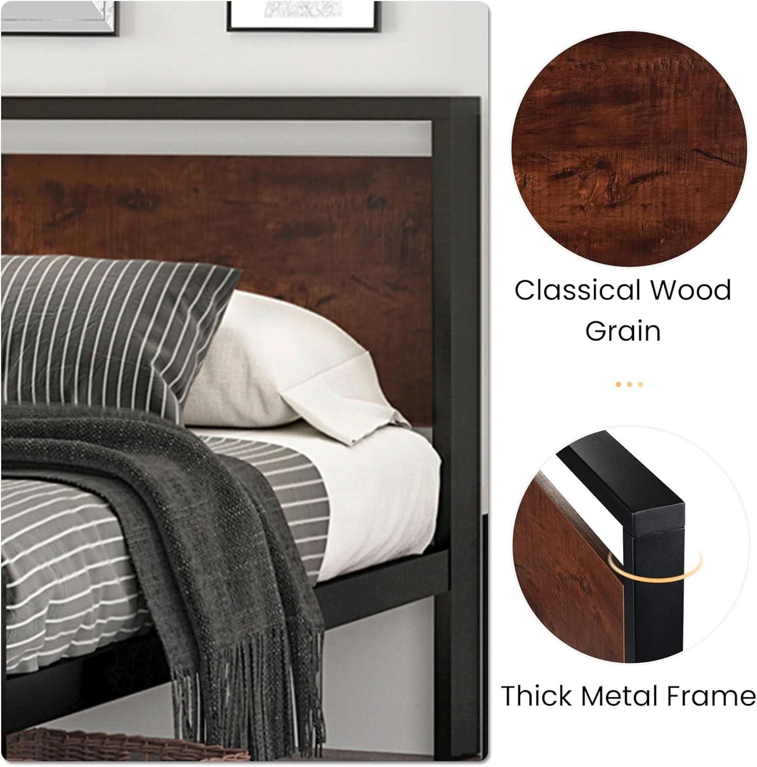 14 Inch King Size Metal Platform Bed Frame with Wooden Headboard and Footboard, Mattress Foundation, No Box Spring Needed, Large under Bed Storage, Mahogany