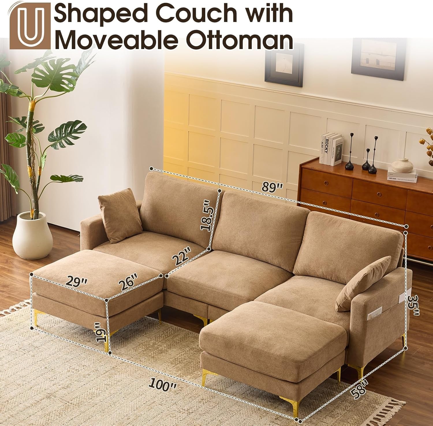 Khaki One Hundred Inch U Shaped Chenille Luxurious Couch