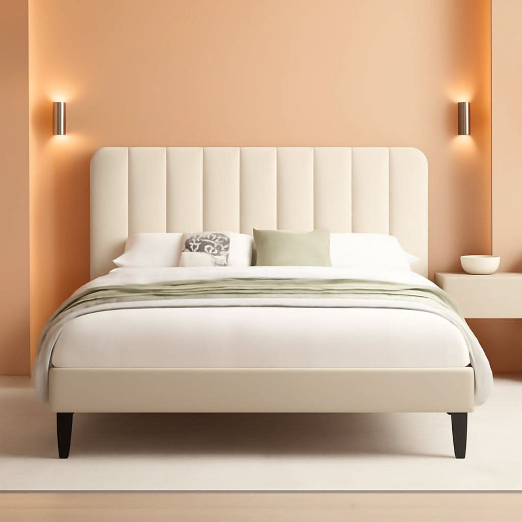 Full Size Bed Frame with Upholstered Headboard, Velvet Platform Bedframe Mattress Foundation, Strong Wood Slat Support, No Box Spring Needed,Bone Beige
