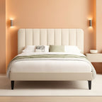 Full Size Bed Frame with Upholstered Headboard, Velvet Platform Bedframe Mattress Foundation, Strong Wood Slat Support, No Box Spring Needed,Bone Beige