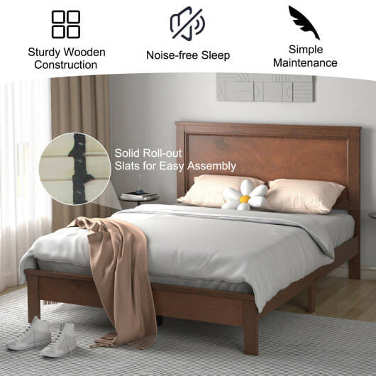 Queen Size Bed Frame Platform Slat High Headboard Bedroom with Rubber Wood Leg-Black
