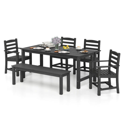 6 Pieces Patio Dining Bench Set Outdoor HDPE Weather Resistant Table and Chairs Set-Grey