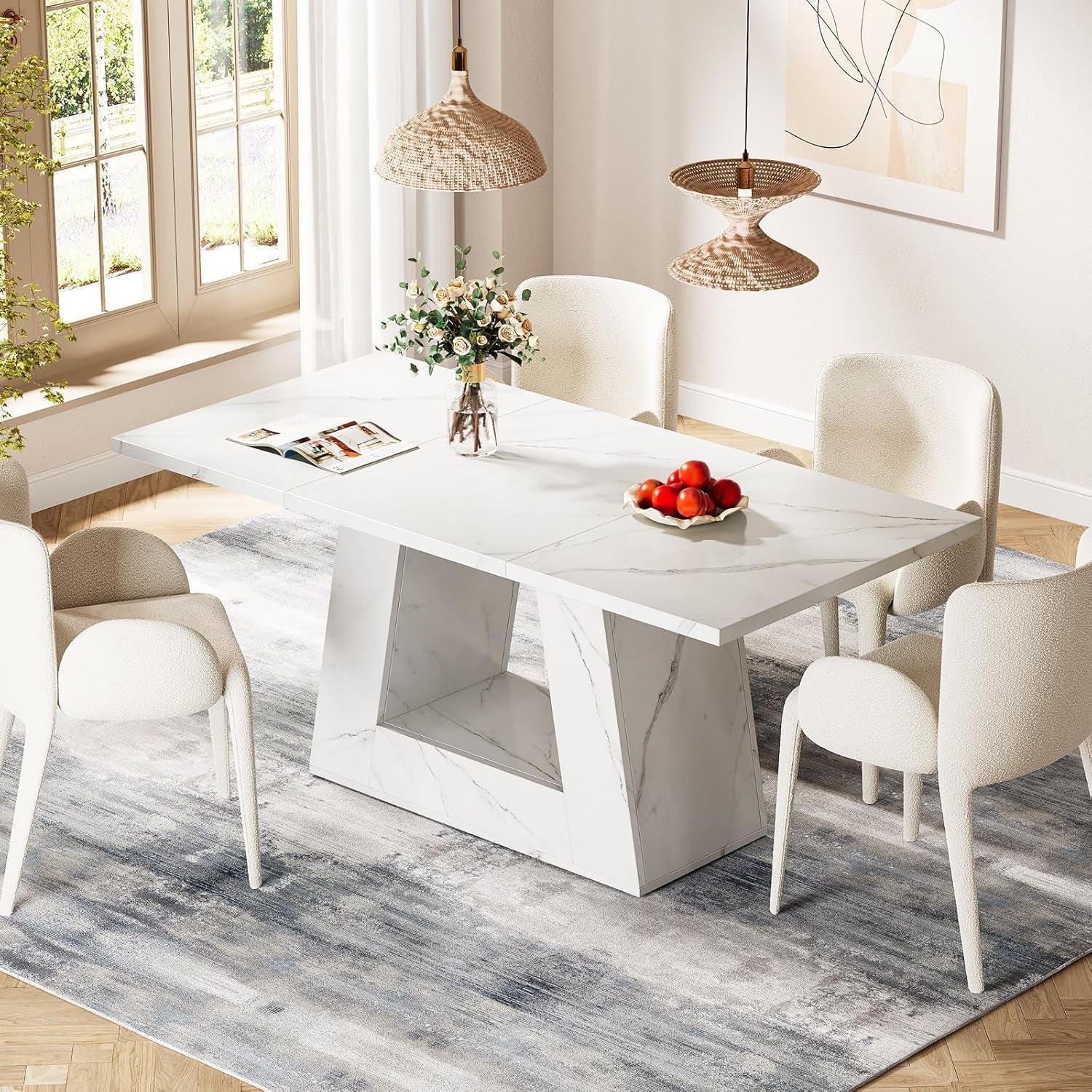 63 Inches Faux Marble Contemporary Rectangular Table