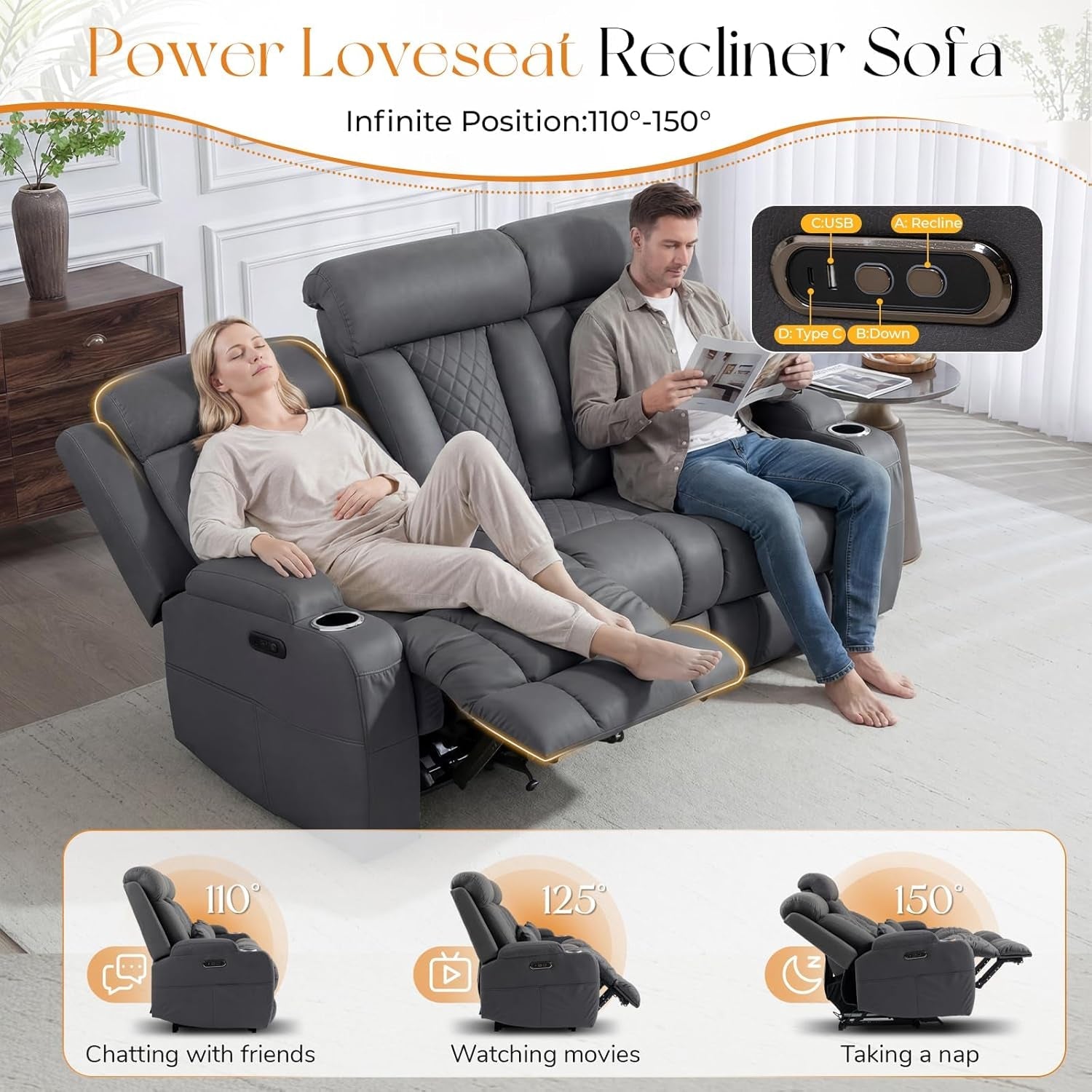 Dark Gray Adjustable Sophisticated Recliner Sofa Ports