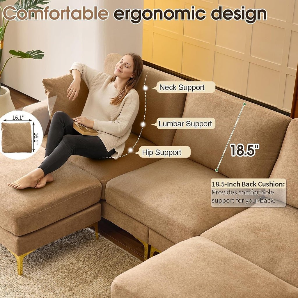 Khaki One Hundred Inch U Shaped Chenille Luxurious Couch