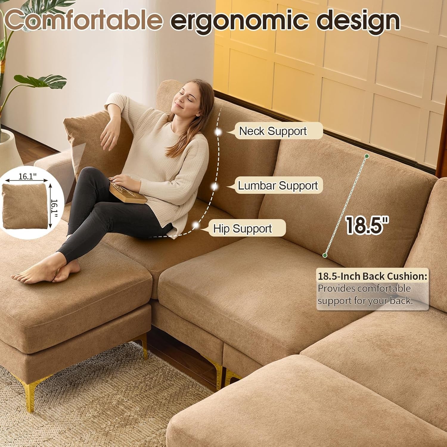 Khaki One Hundred Inch U Shaped Chenille Luxurious Couch