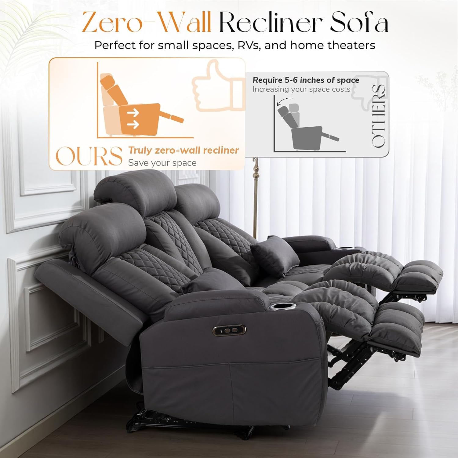 Dark Gray Adjustable Sophisticated Recliner Sofa Ports