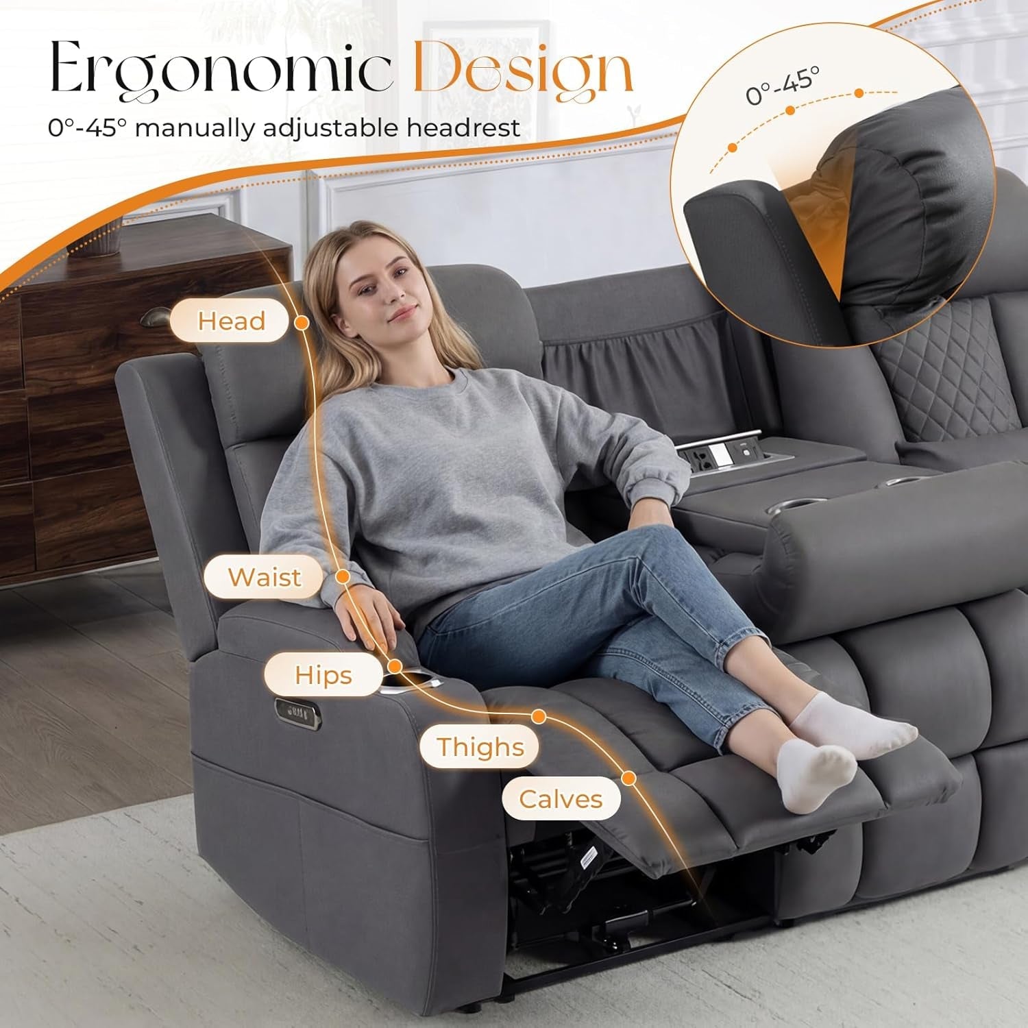 Dark Gray Adjustable Sophisticated Recliner Sofa Ports