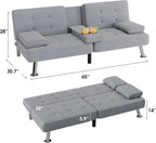 Futon Sofa Bed Light Grey Linen With Cup Holders Removable Armrests