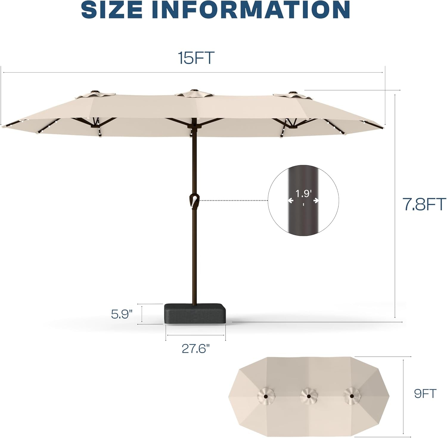 15 Foot Extra Large All Weather Patio Umbrella With Solar Lights