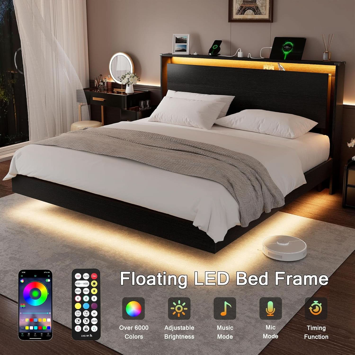 King Size Bed Frame with LED Lights & Charging Station – Wood Floating Bed Frame with Storage Headboard, Adhesive Slats, Kick-Free & Noise-Free Design, Easy Assembly, Black