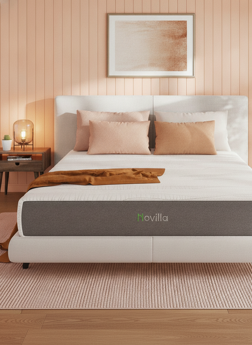 A 10-inch ComfortSleep memory foam full mattress on a modern bed frame in a minimalist bedroom with soft peach and amber ligh